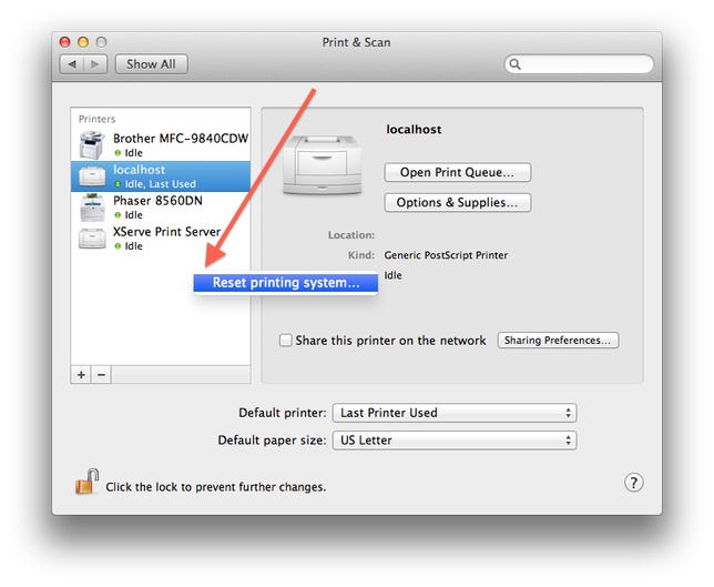 Printer reset options in OS X