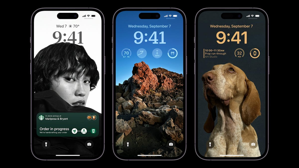 Three views of the iPhone 14 Pro home screen