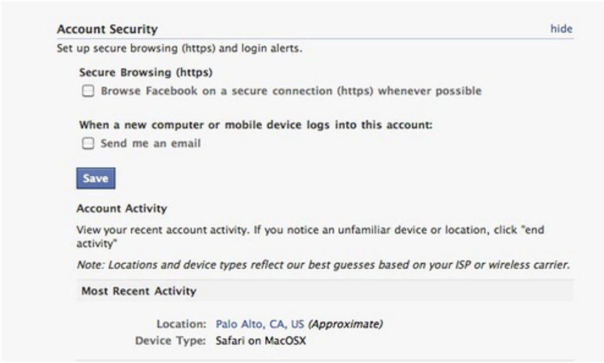 Facebook users can turn on the HTTPS option in the Account Security section of their Account Settings page.