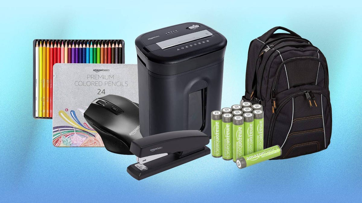 Amazon Basics items like colored pencils, a mouse, a stapler, batteries, a shredder and a backpack are displayed against a blue background.