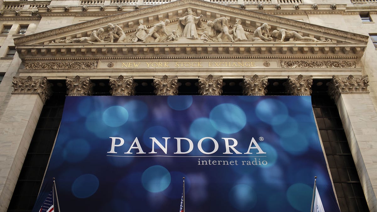 Pandora flag covers the NYSE's facade