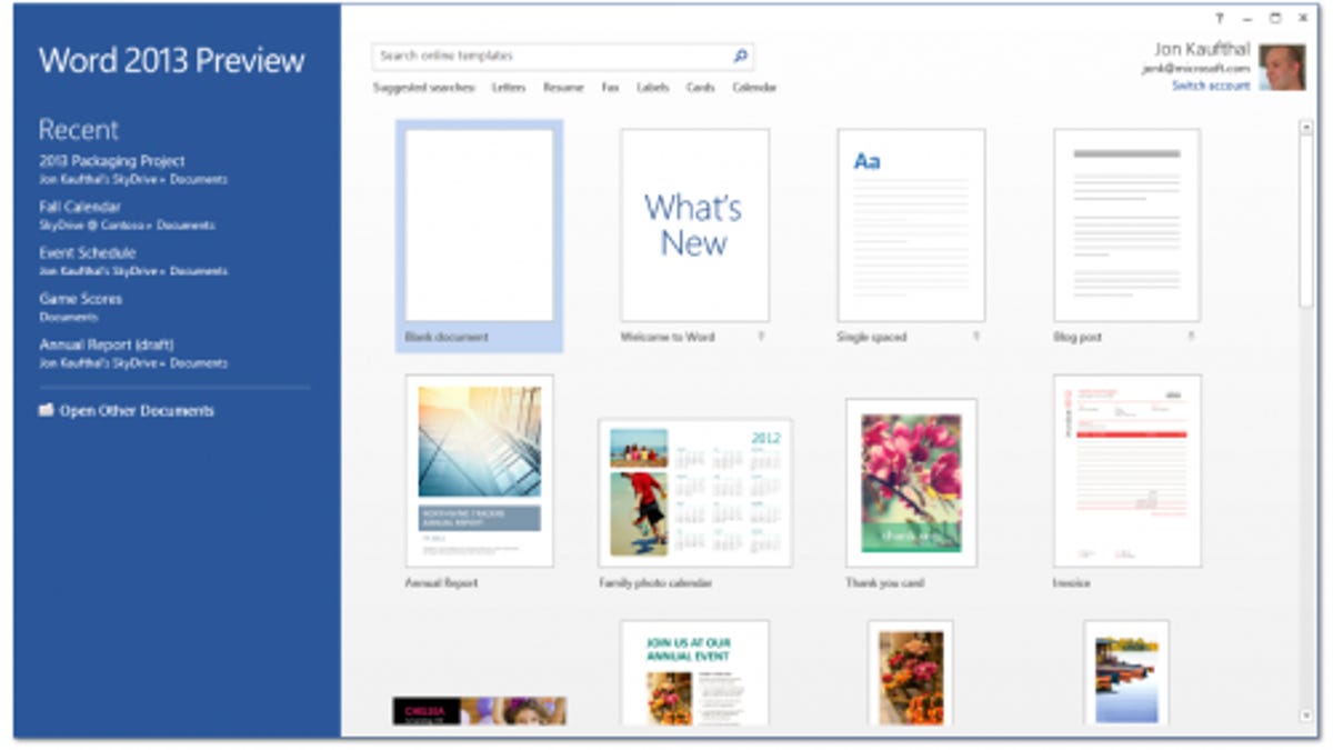 Word 2013 Preview start screen