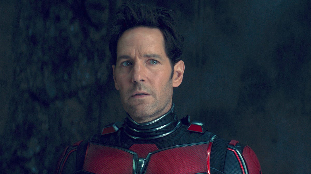 Ant-Man, played by Paul Rudd, looks askance with a worried expression on his face.