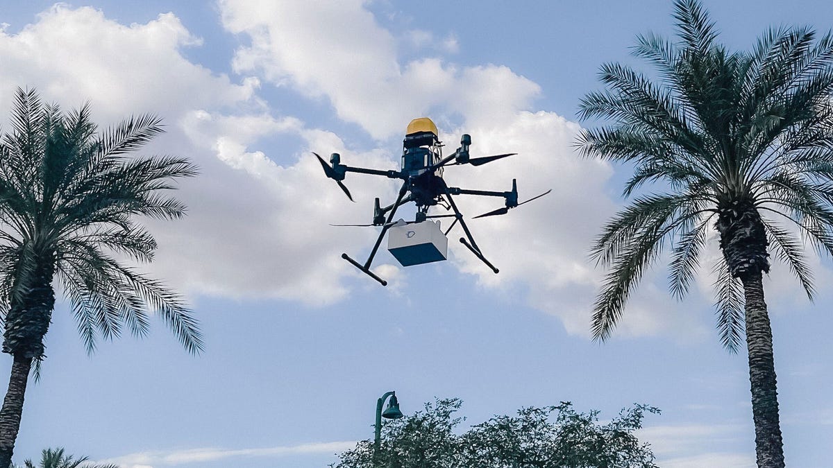A Flyby Robotics drone carries a package between two palm trees