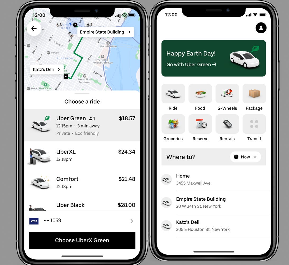 Uber screen showing Uber Green option