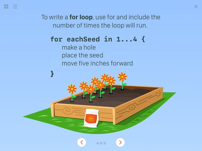 Apple's Swift Playgrounds app uses an example of planting seeds to describe how a for loop automates repeated tasks.