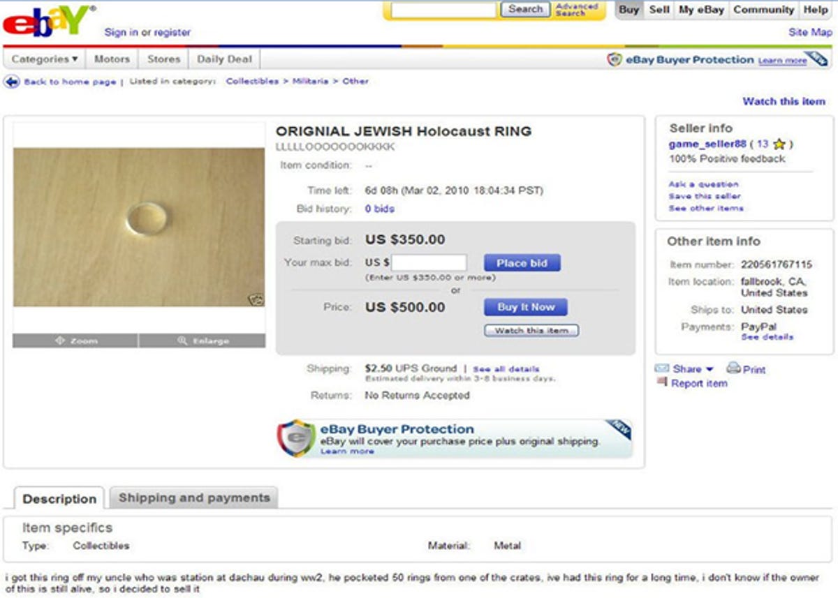 eBay ad selling rings taken from concentration camp prisoners.