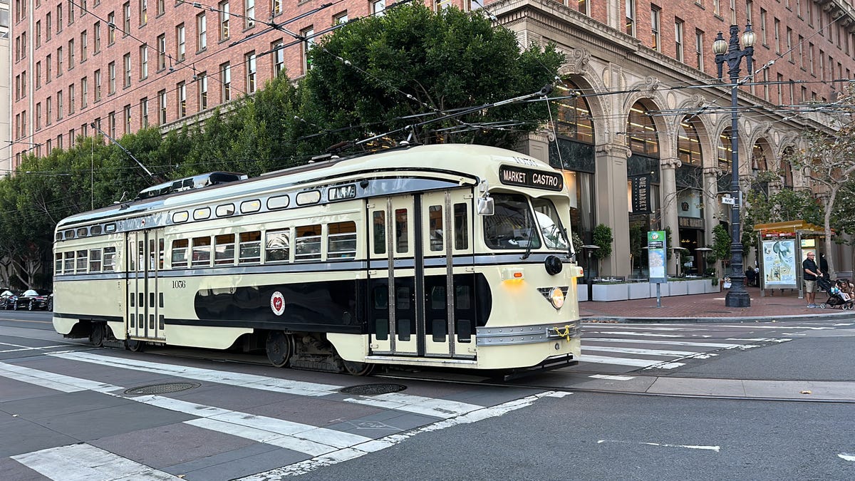 A streetcar rounding a corner