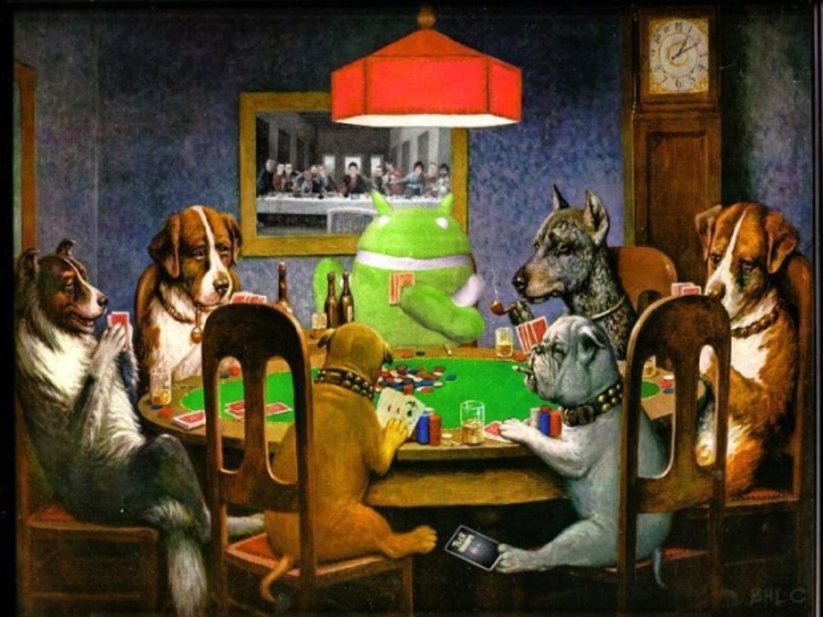 Here Droidy's been 'shopped into an oil painting from C.M Coolidge's famous 'Dogs Playing Poker' series. Bonus points to Marc Crane for squishing in the CNET team. Can you spot us?