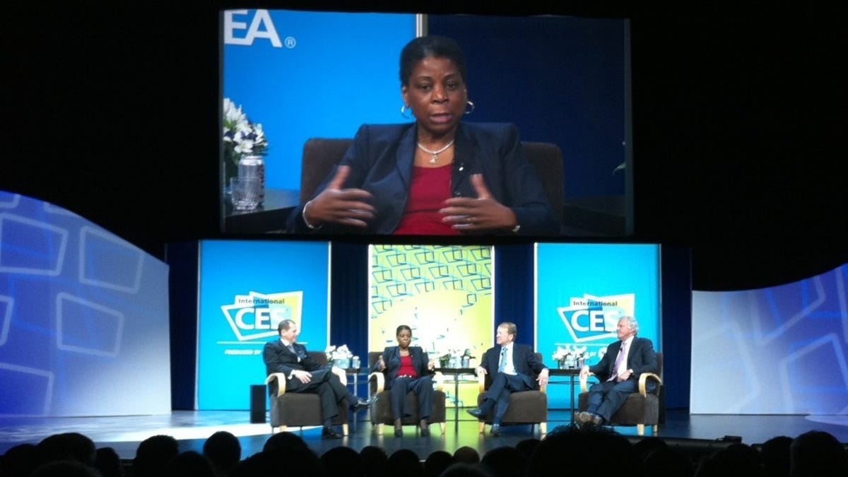 Xerox CEO Ursula Burns, Cisco CEO John Chambers, and General Electric CEO Jeffrey Immelt are interviewed by Gary Shapiro (left) at CES.