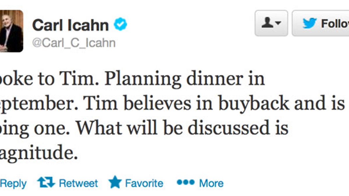 Carl Icahn tweeted about his upcoming tete-a-tete with Apple CEO Tim Cook.