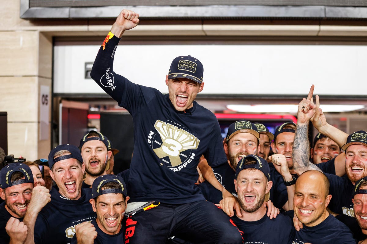 F1 Driver Max Verstappen celebrates on the shoulders of his teammates