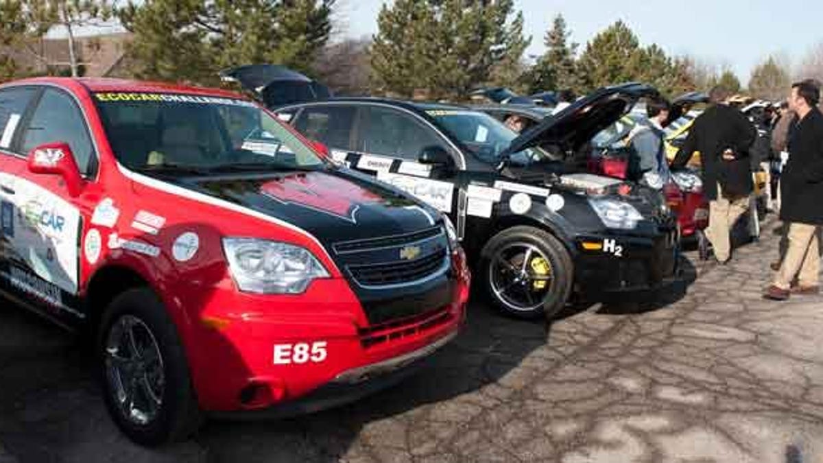 Alternative-powertrain vehicles are on display at the EcoCAR competition ride and drive. Sixteen teams of engineering students are in the third year of the contest, which ends in June.
