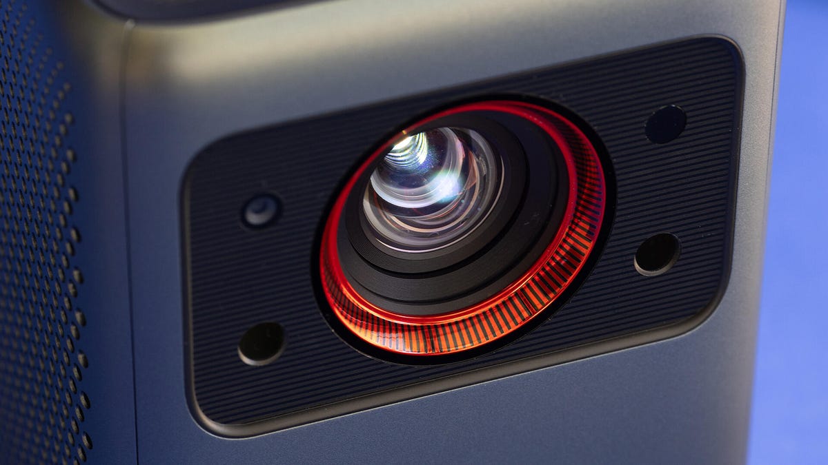 A close-up view of the Anker Nebula Cosmos Laser 4K's lens.