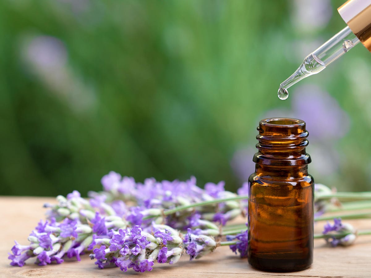 Essential lavender oil in bottle with dropper