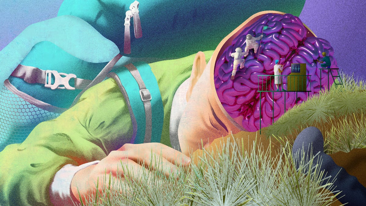 Illustration of a hiker lying face down on the earth with his brain exposed. Astronauts and scientists participate in the folds of the brain.