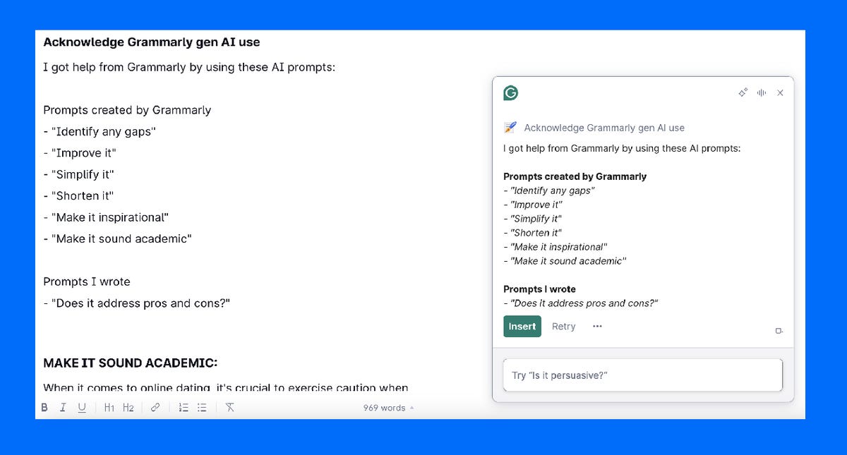 screenshot of GrammarlyGo acknowledging AI use