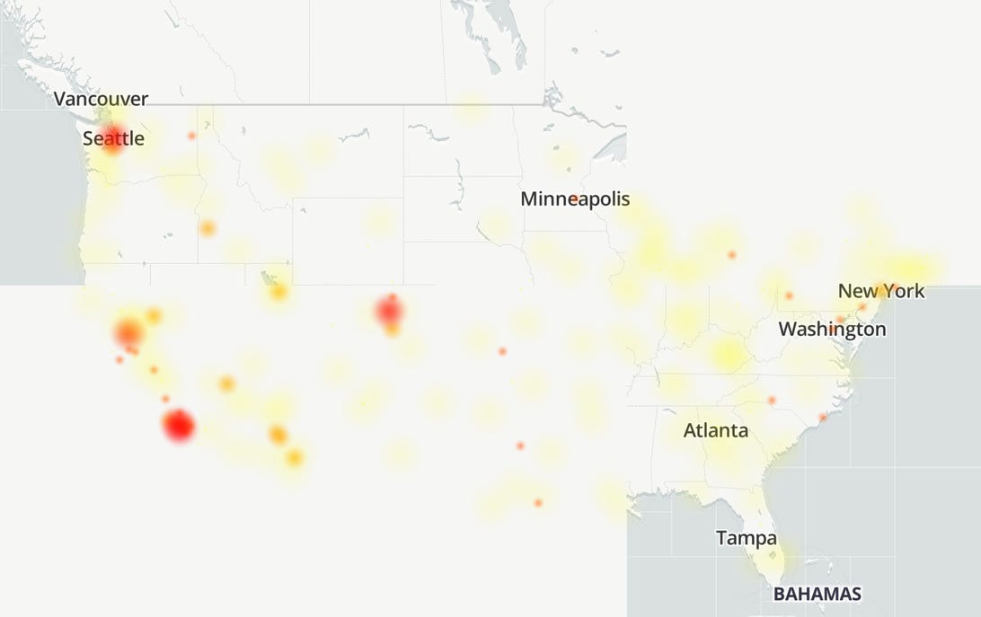 a heat map showing Verizon wireless outages.