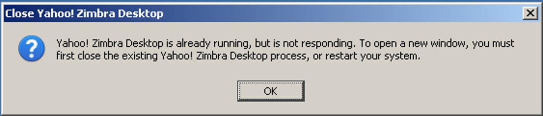 There's still work to be done getting Zimbra to run as a standalone application. This is the error message that I got after complications minimizing the application.