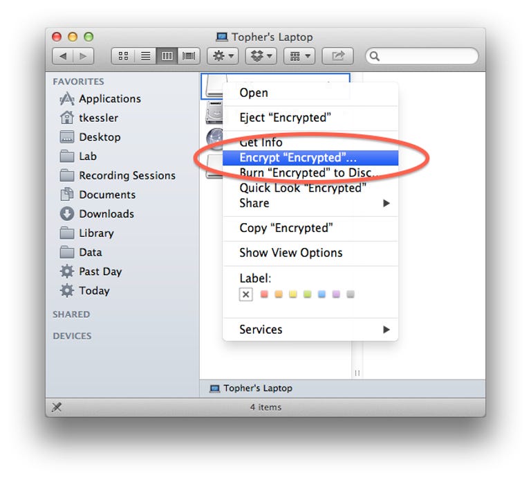 Contextual menu encryption options in the Finder