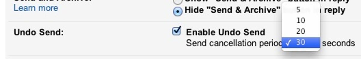 Gmail settings: Enable Undo Send