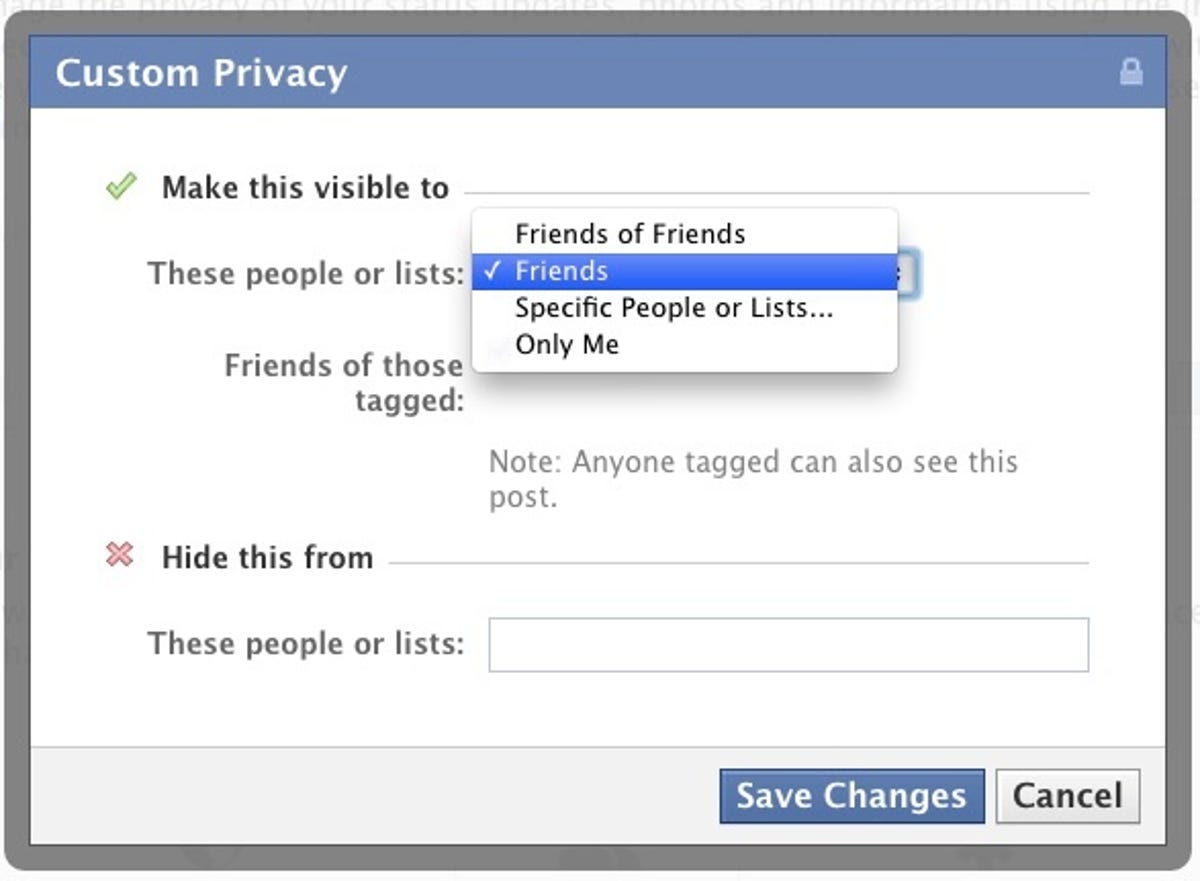 Facebook custom privacy options