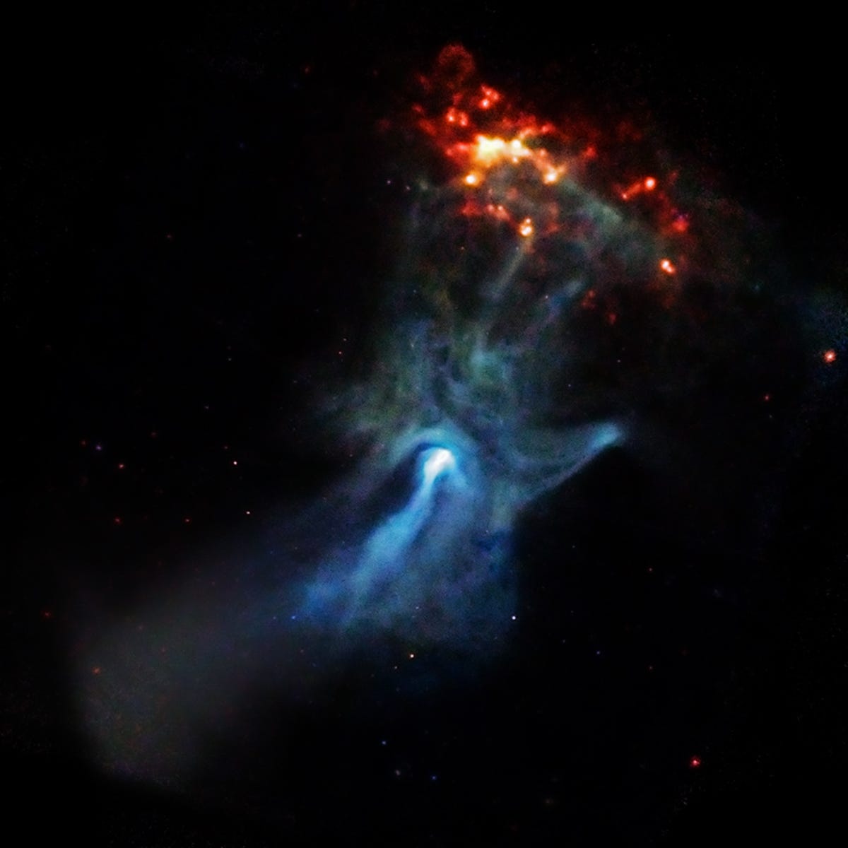 Ethereal view shows a blue hand-like shape reaching into a collection of orange and red light against a dark space background.