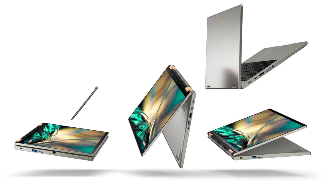 Acer Spin 5 convertible laptop shown in various positions, including tablet, kiosk, tent and clamshell
