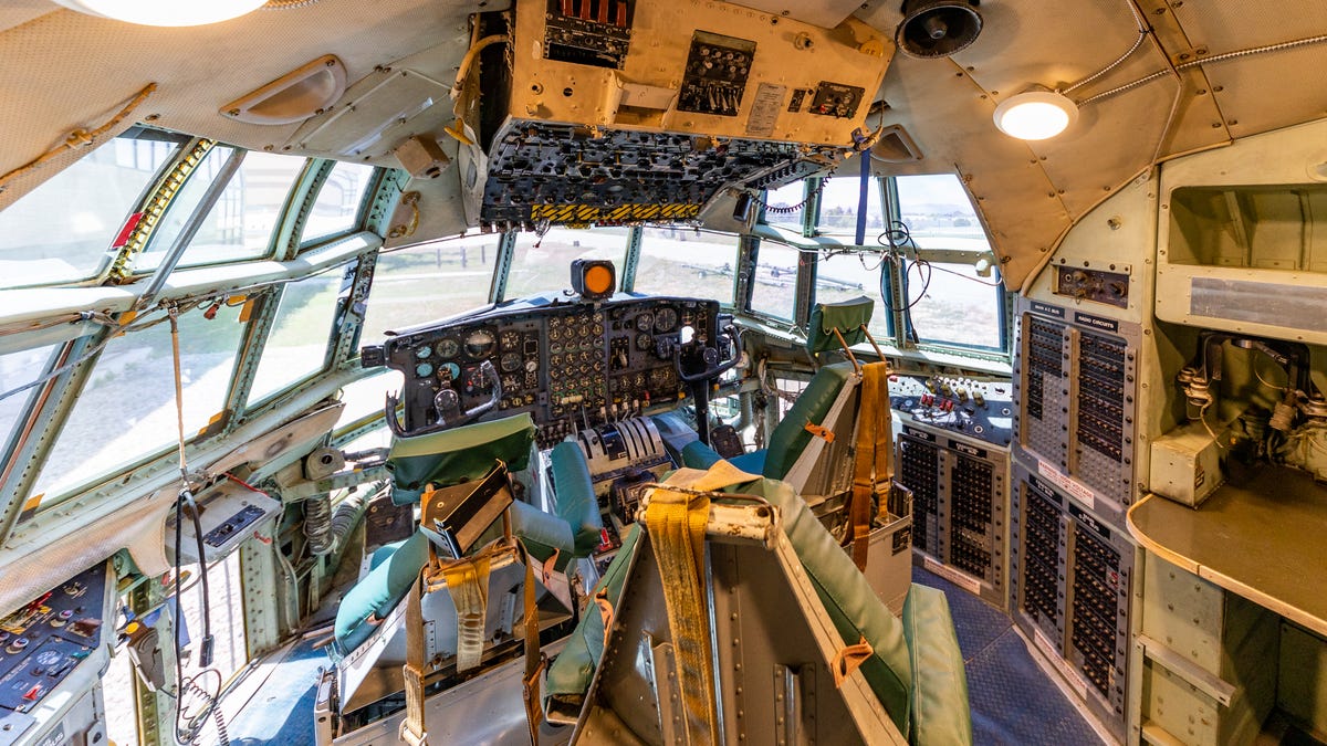 The cockpit of a C-130 transport.