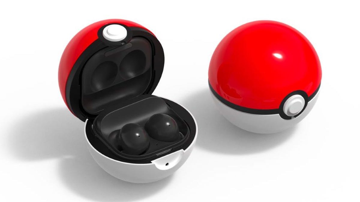 Two Samsung Galaxy Buds 2 Poke Ball charging cases, one open and one closed