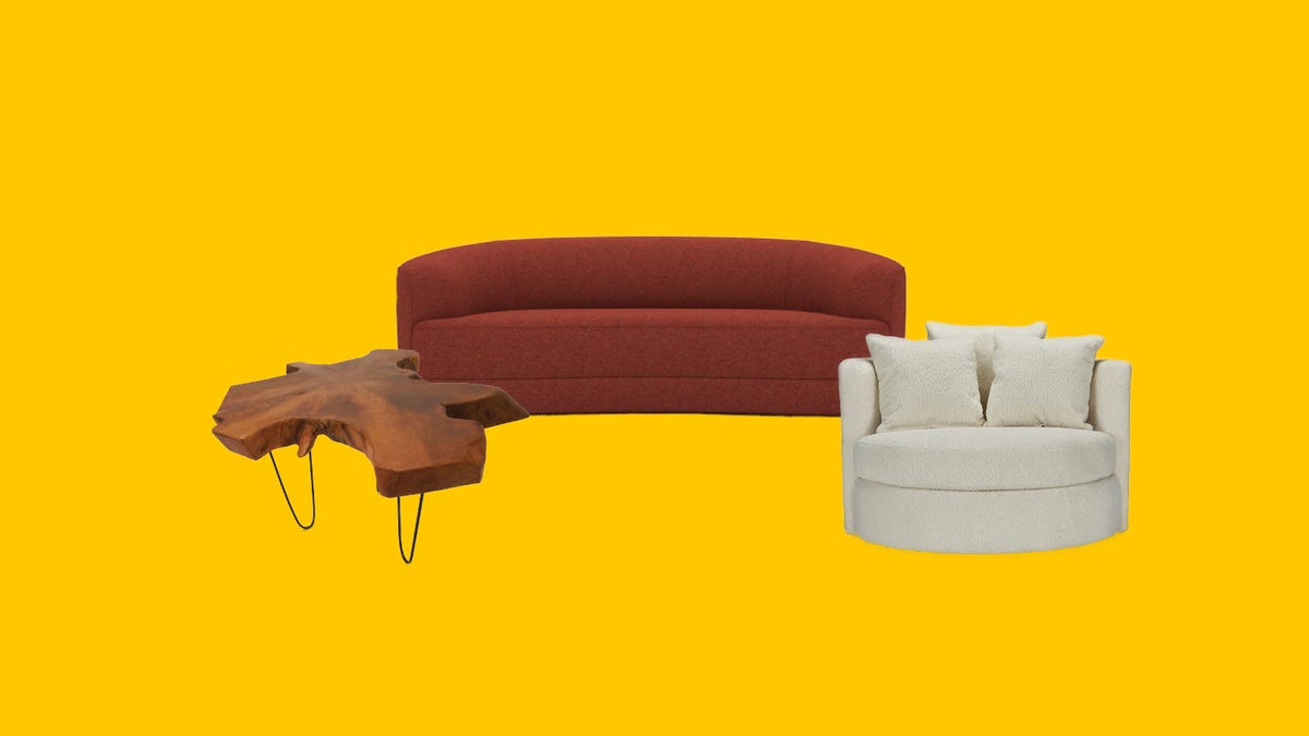 Wood coffee table, red sofa and white swivel chair on a yellow background