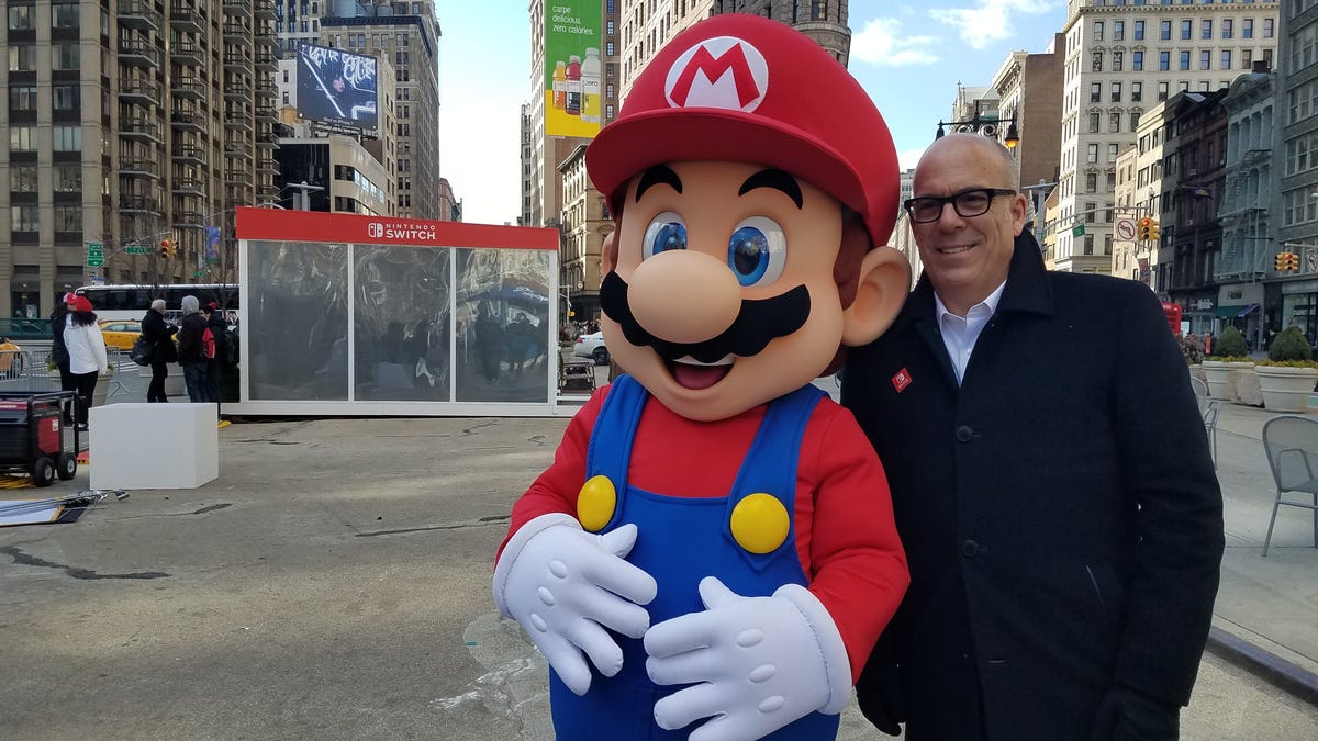 Mario and Nintendo VP of sales Doug Bowser in Manhattan at Nintendo Switch launch event.