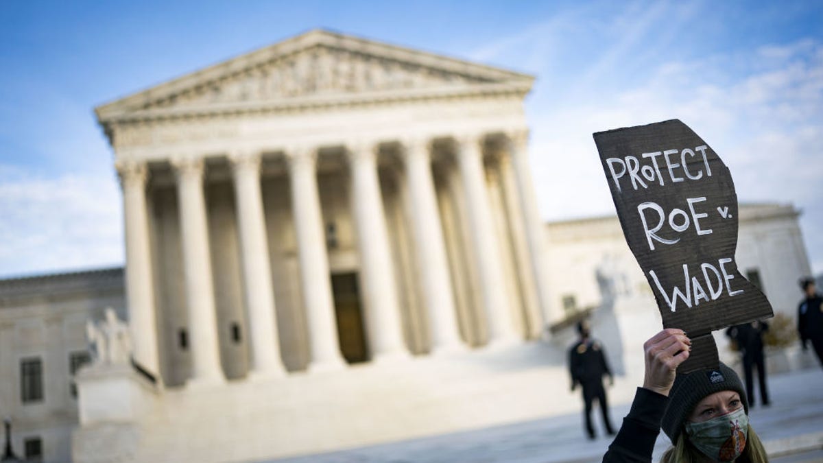 A demonstrator holds a "Protect Roe v. Wade" sign outside the Supreme Court
