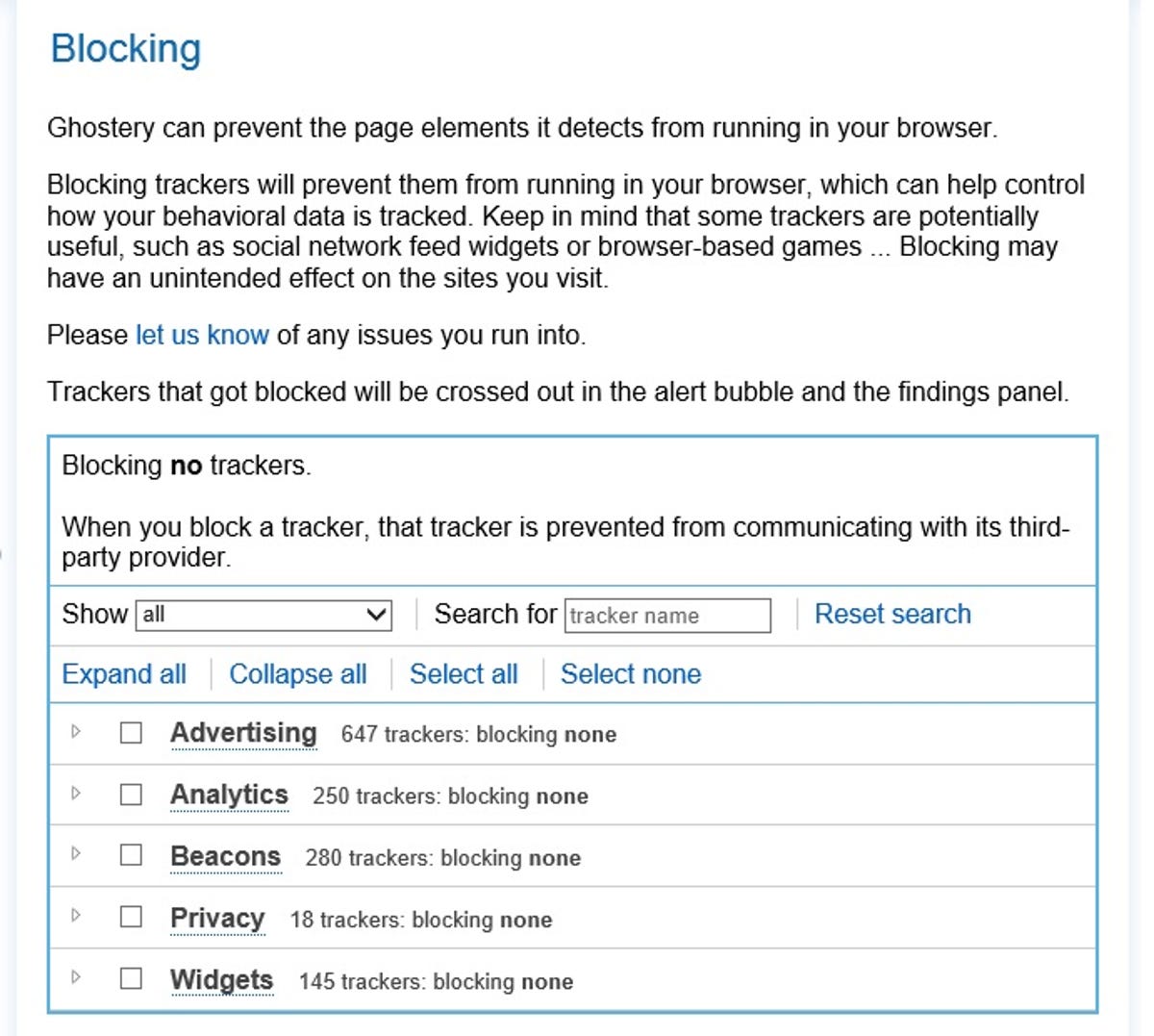 Ghostery installation wizard blocking options