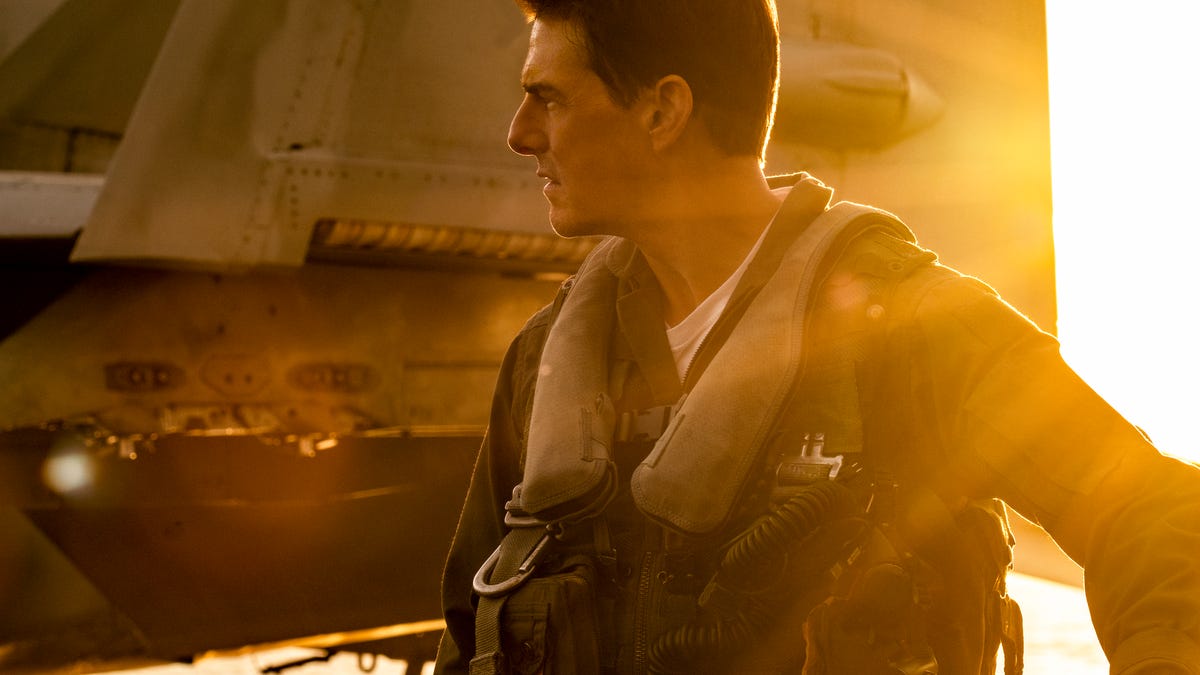 Tom Cruise lit by golden sunlight in Top Gun: Maverick