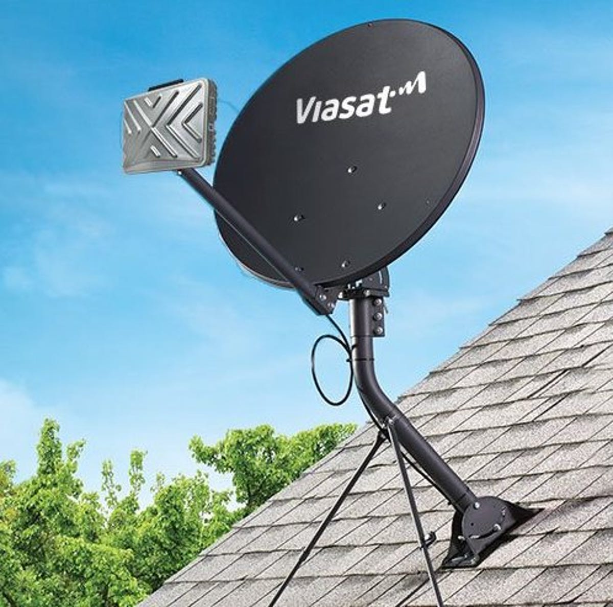 Satellite dish with the Viasat logo on it