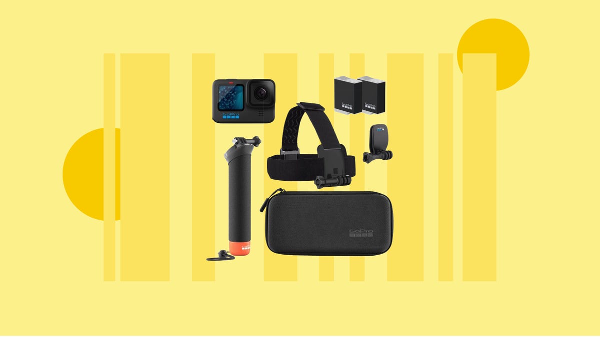The GoPro Hero 11 Black action camera bundle is displayed against a yellow background.