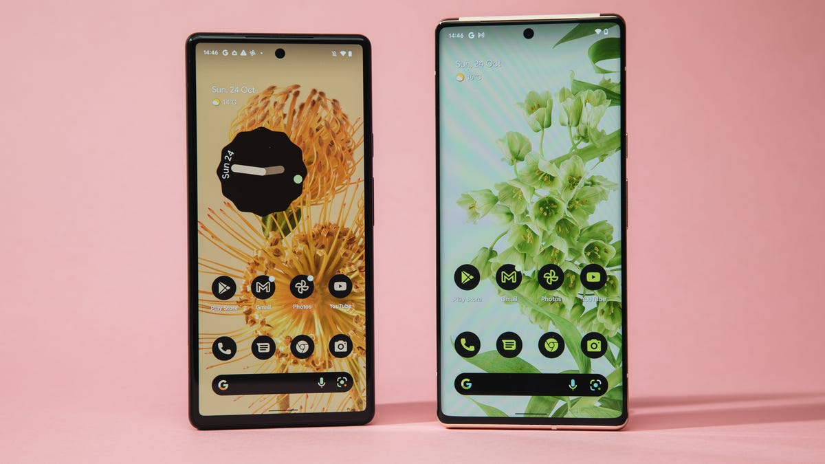 A Pixel 6 and Pixel 6 Pro next to each other