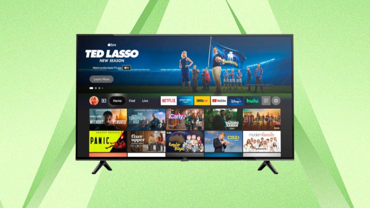 A 43-inch Amazon 4-Series 4K Fire TV is displayed against a green background.