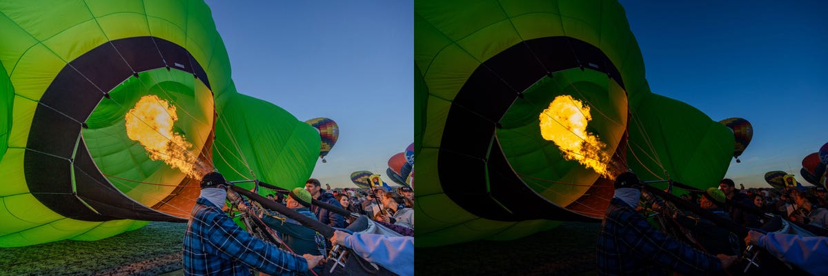 A comparison shows the limitations of standard dynamic range photos. One version of a photo shows flames looking drab in a properly exposed scene; the other version shows flames looking exciting but the rest of the shot lost in darkness.