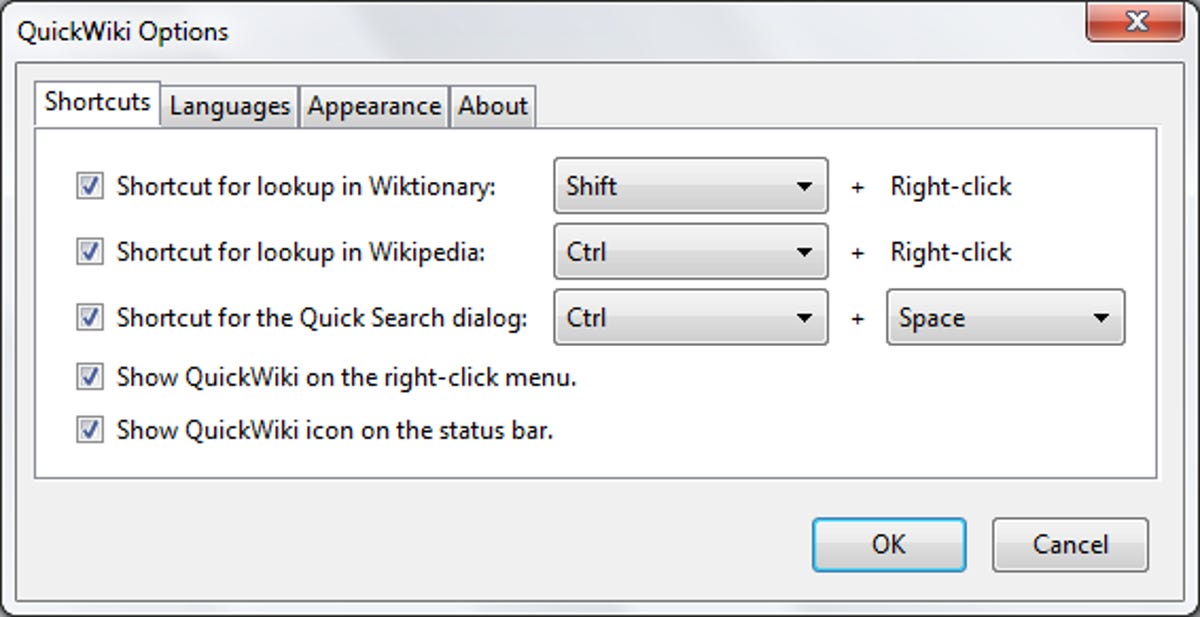 QuickWiki options screen