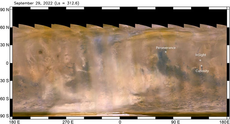 Stretched out Mars map shows reddish, dusty view of the planet with locations for NASA missions marked in white.