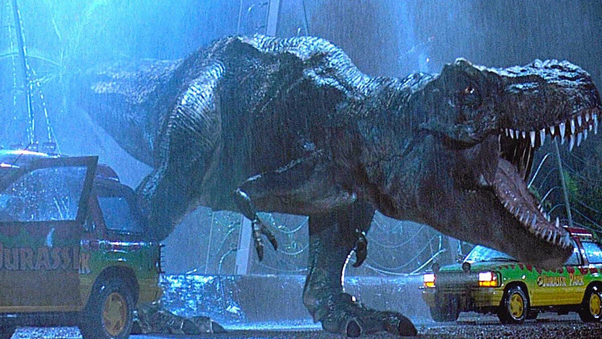 Jurassic Park still from the 1993 movie with a large T-Rex.