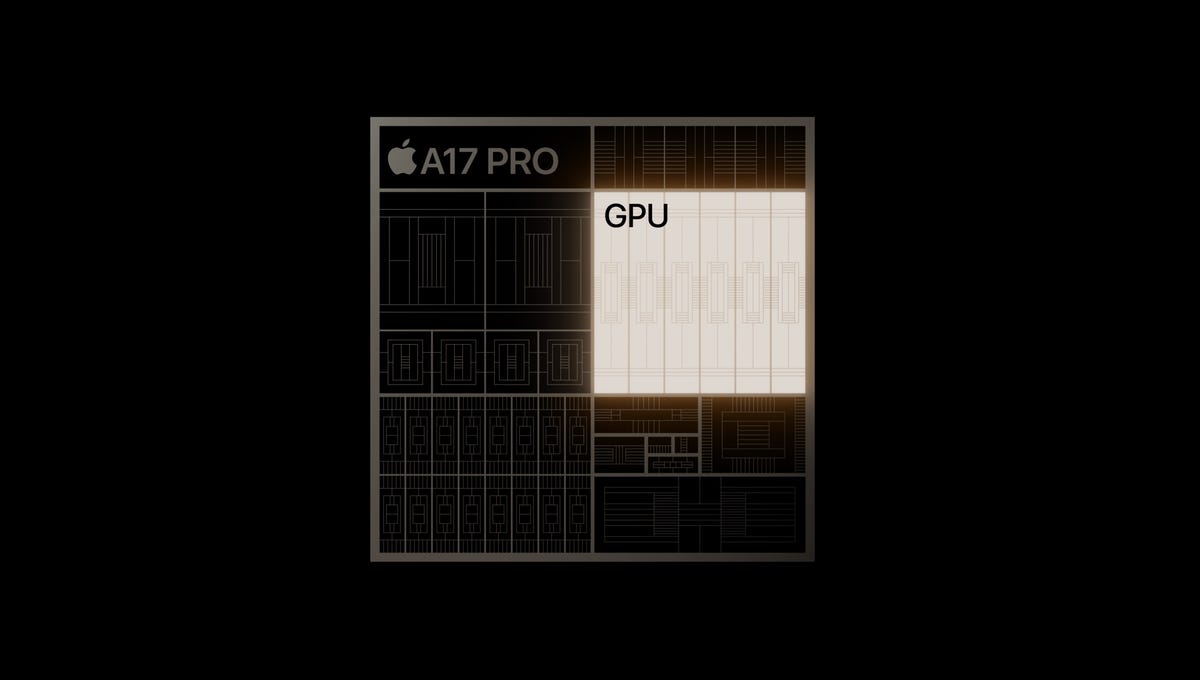 Diagram of Apple's A17 Pro chip with a highlight over the GPU area.