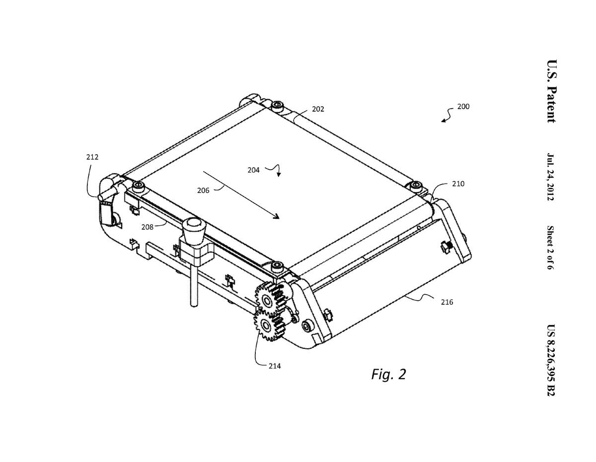 An image from MakerBot's patent, U.S. No. 8,226,395 B2, for a conveyor-based 3D printing build platform.