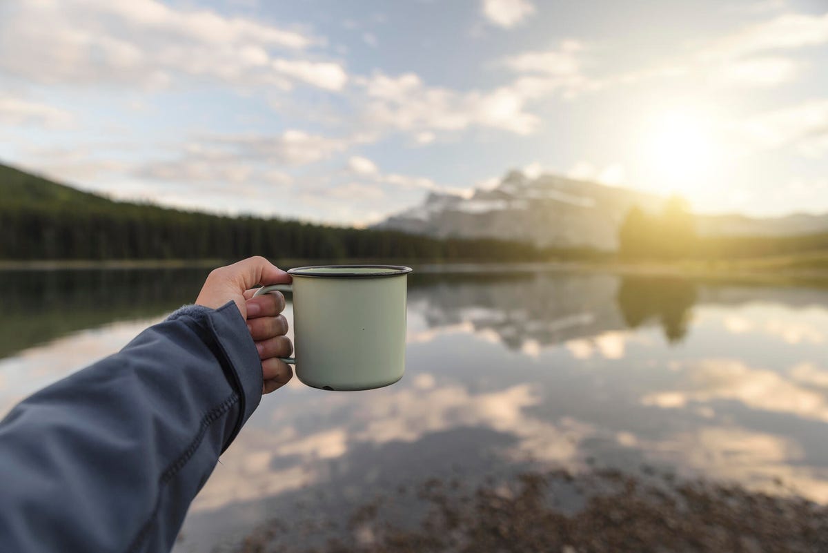 person holding a mug with a lake, mountain and forest in the background