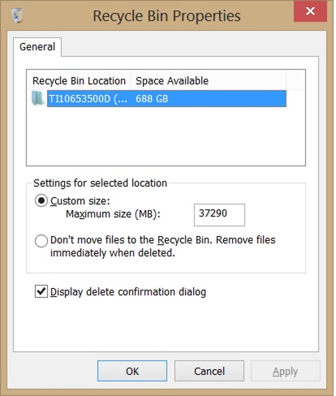 Windows 8 Recycle Bin properties dialog