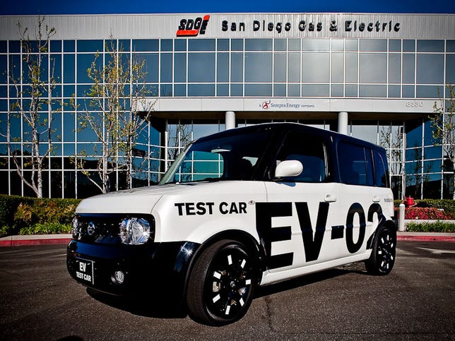 Nissan's EV in an old Cube prototype shell in front of EV partner San Diego Gas and Electric headquarters.