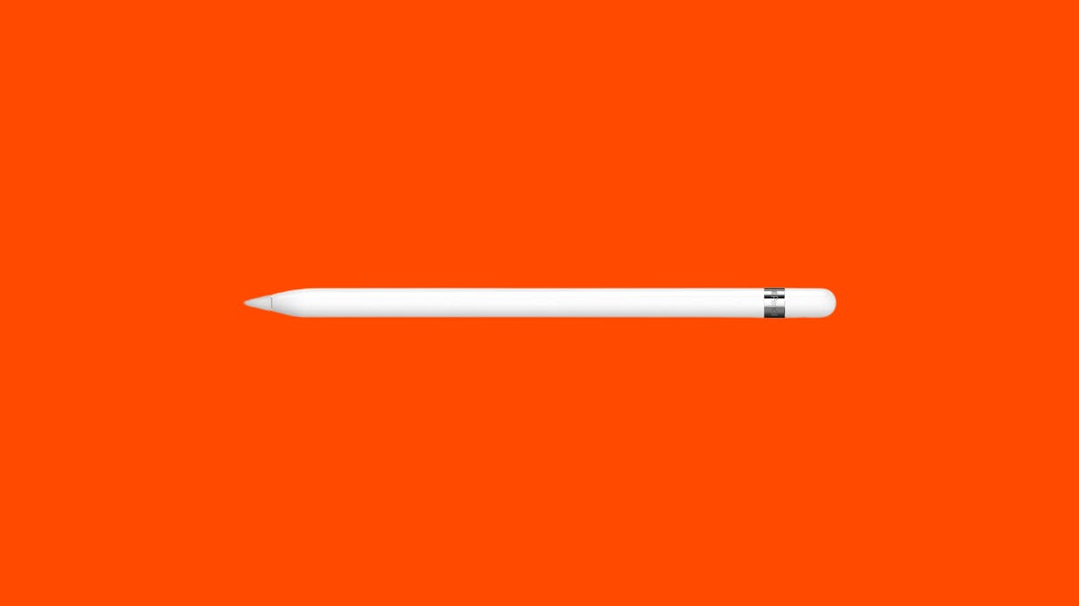The 1st gen Apple Pencil is displayed against an orange background.