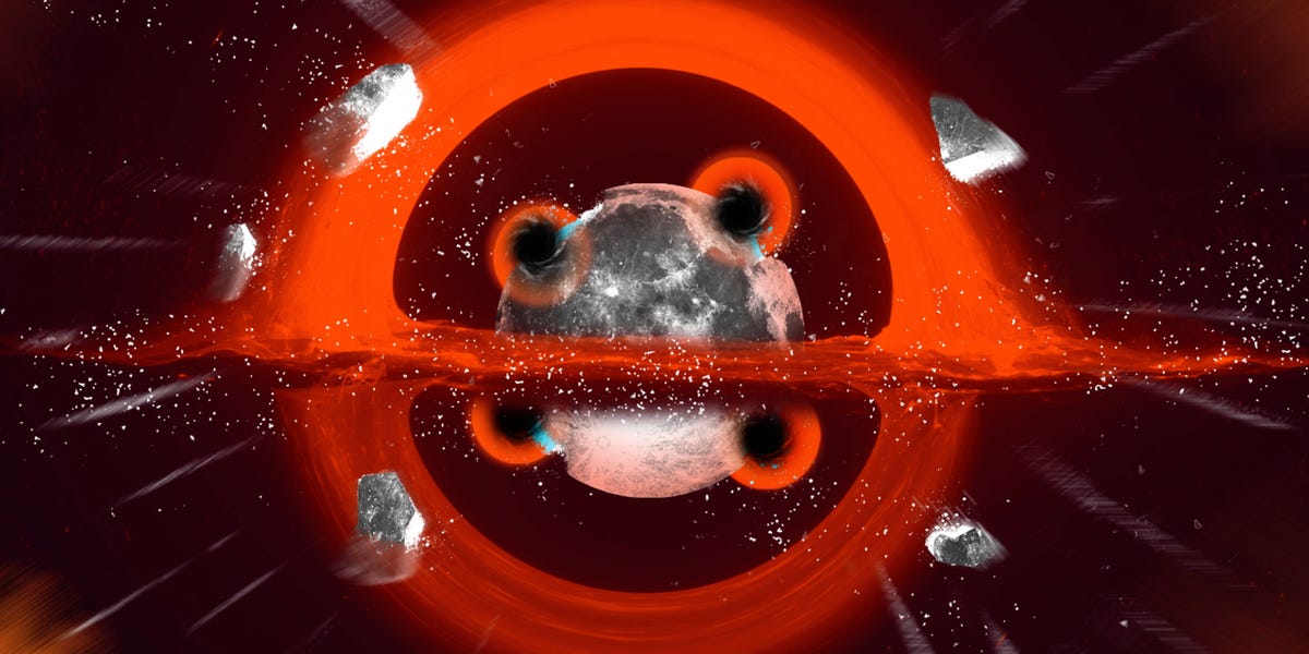Illustration of mini black holes around the moon